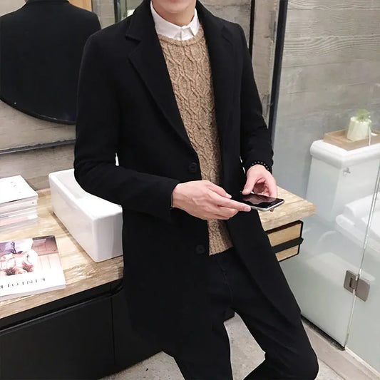 Slim-Fit Woolen Trench Coat for Men